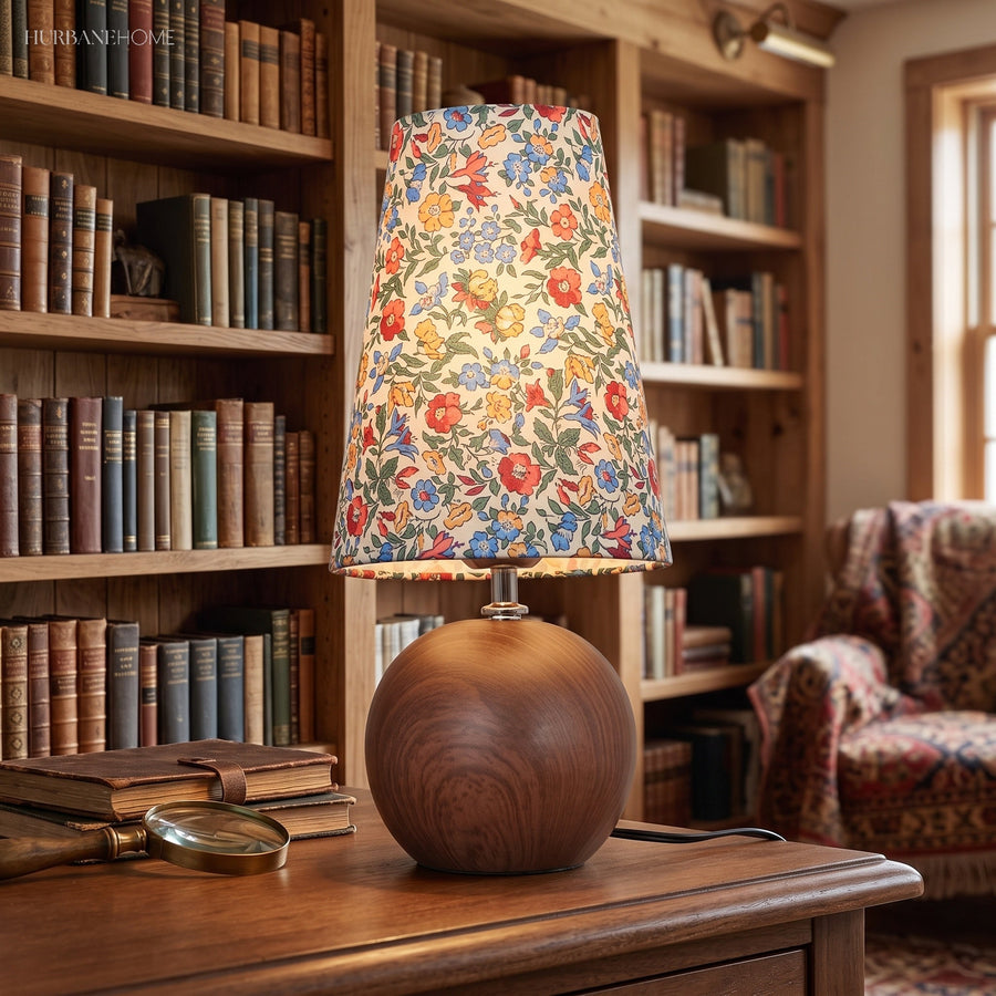 Floral Table Lamp with Round Walnut Wood Base